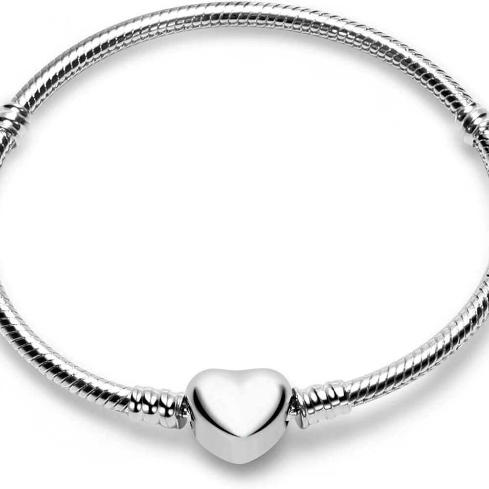 Charm Bracelet Sterling Silver Heart Snake Chain Jewelry Gift for Women Girl